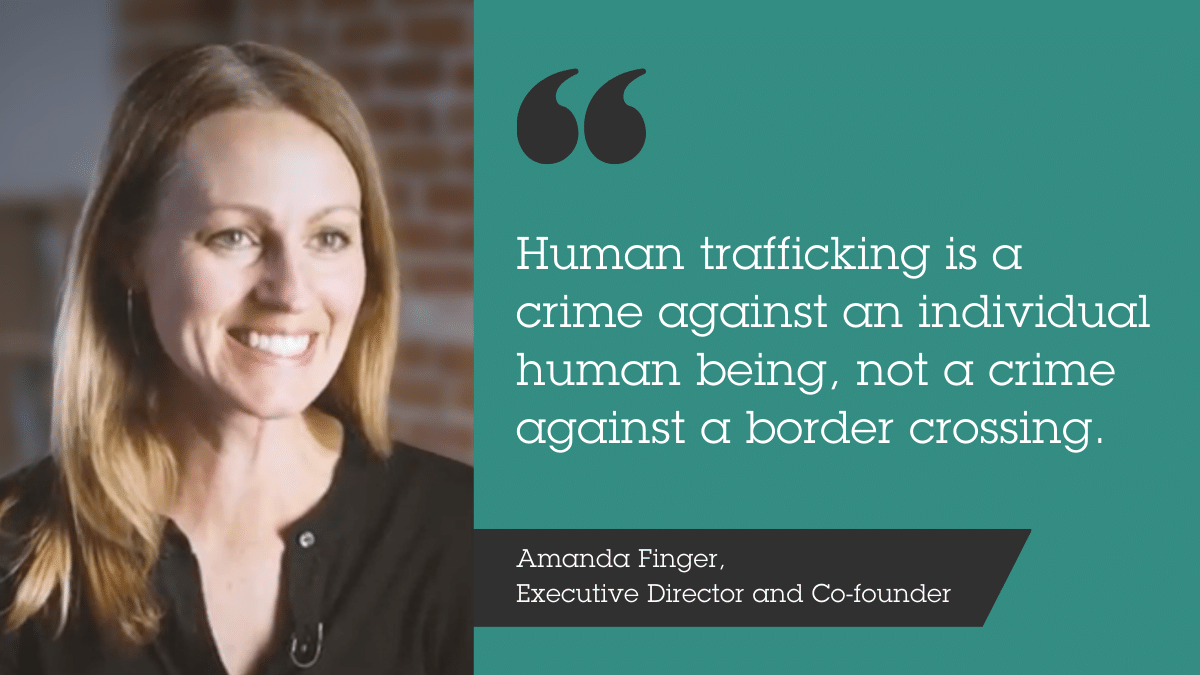 Headshot of Amanda Finger, Executive Director at the Laboratory to Combat Human Trafficking and a quote on migration and labor rights